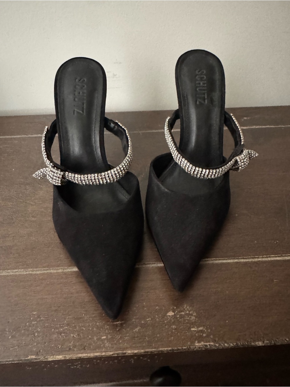 SCHUTZ Black Pointed Rhinestone-Embellished Slip-On Heels